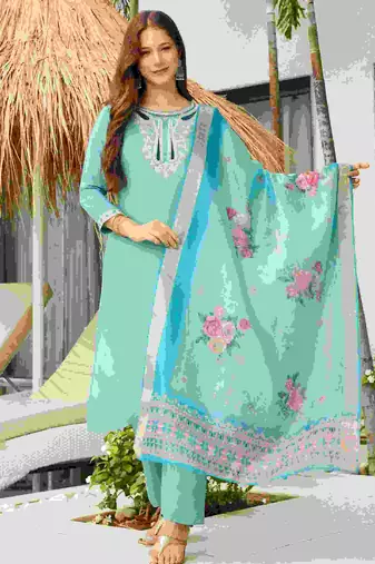 sky viscose embroidered straight kurta set with pant & organza jacquard printed dupatta     ethnic wear