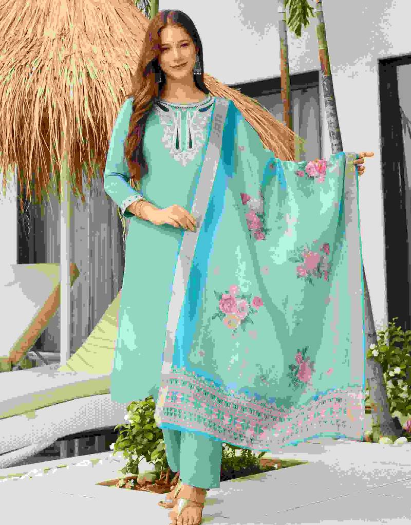 sky viscose embroidered straight kurta set with pant & organza jacquard printed dupatta     ethnic wear