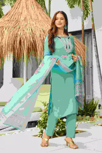 sky viscose embroidered straight kurta set with pant & organza jacquard printed dupatta   ethnic wear