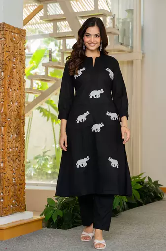 Black Embroidered Cotton Kurta Sets