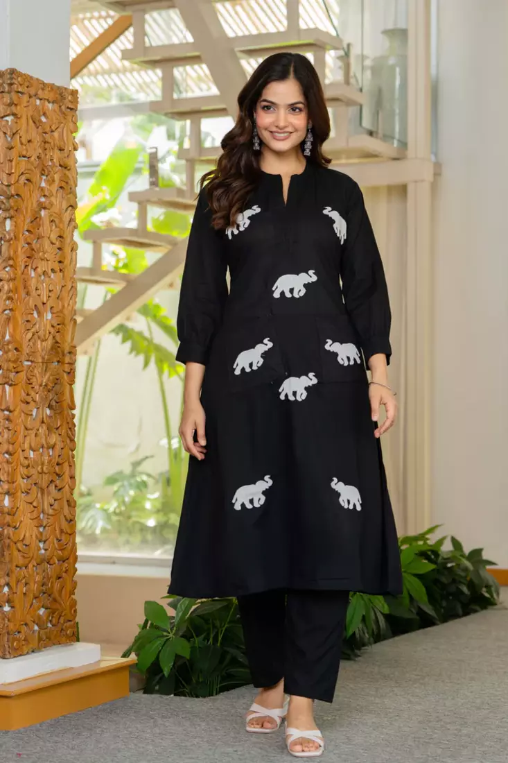 Black Embroidered Cotton Kurta Sets