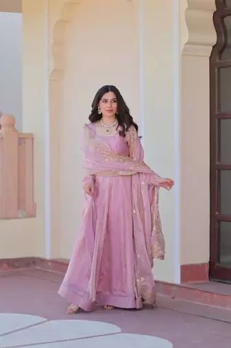 pink gown with embroidered dupatta