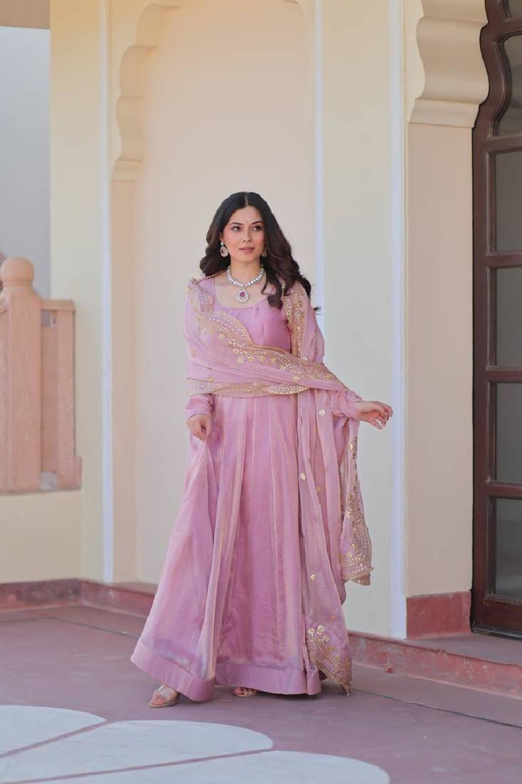 pink gown with embroidered dupatta