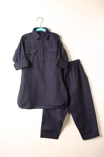 Blue linen pathani set for boys
