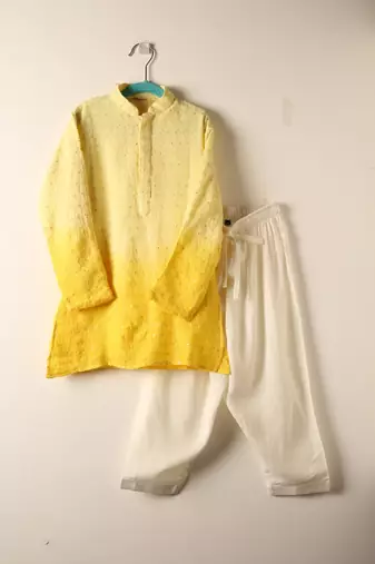 Yellow chikankari kurta set for boys