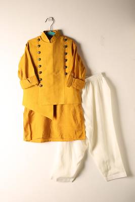 Yellow viscose kurta bandi set for boys 2