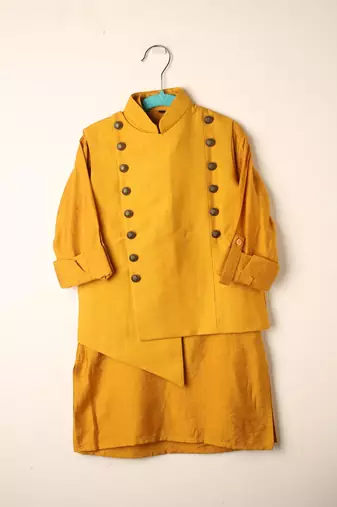 Yellow viscose kurta bandi set for boys