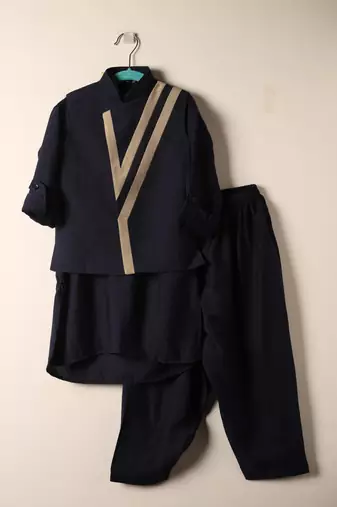 Blue viscose kurta bandi set for boys
