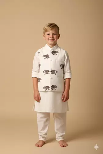 White embroidery on white modal kurta bandi set for boys