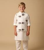 White embroidery on white modal kurta bandi set for boys