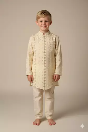 Cream embroidered indo western set for boys