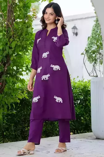 Grape Purple Embroidered Cotton Kurta Sets