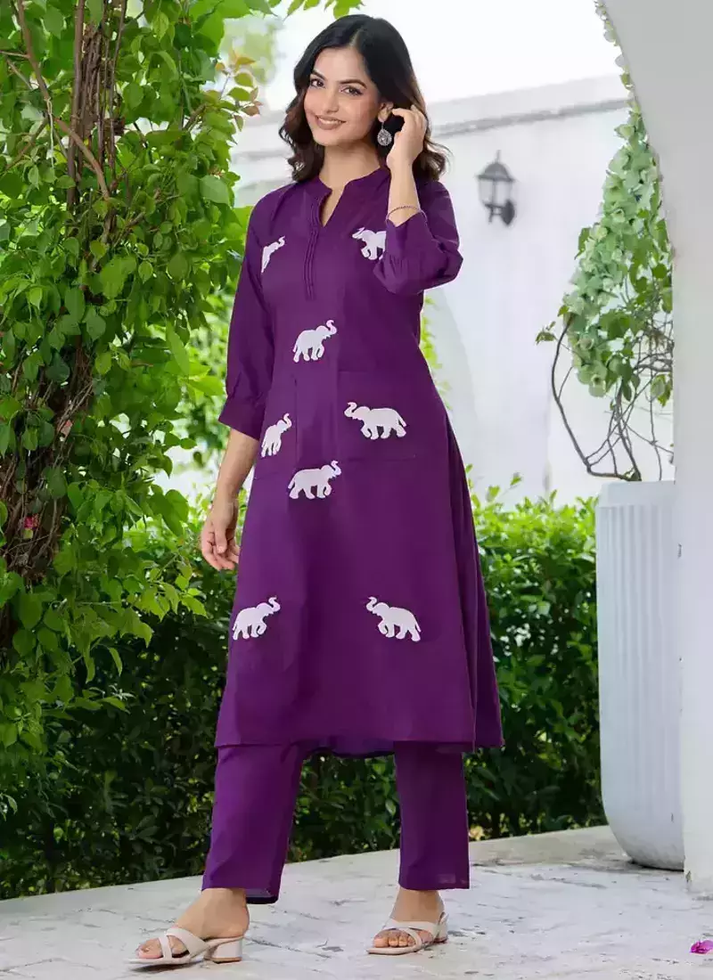 Grape Purple Embroidered Cotton Kurta Sets