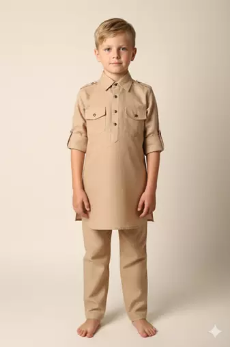 Fawn linen pathani set for boys