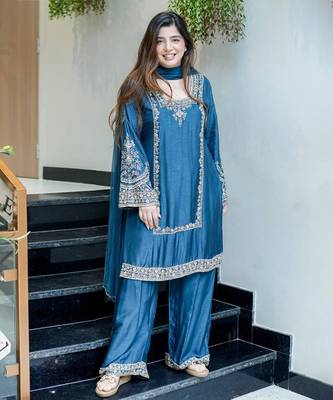 Teal blue embroidered suit  1