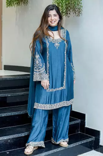 Teal blue chiffon embroidered suit set