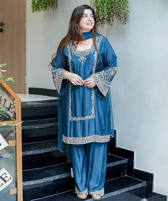 Teal blue embroidered suit  2