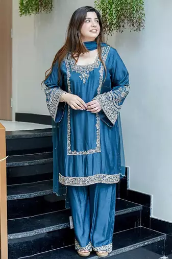 Teal blue embroidered suit 