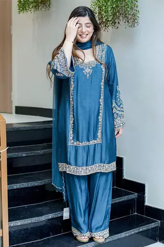Teal blue embroidered suit 