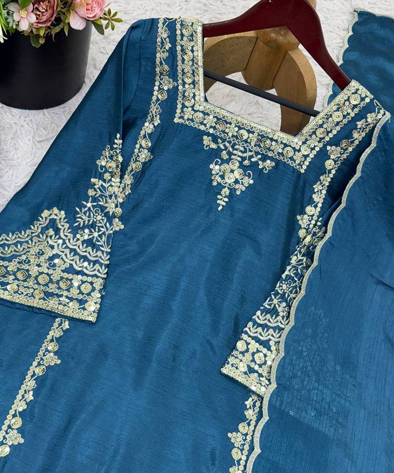 Teal blue embroidered suit 