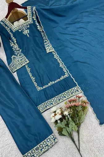 Teal blue embroidered suit 