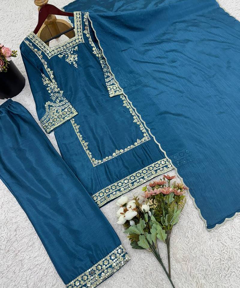 Teal blue embroidered suit 