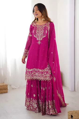 Magenta georgette embroidered sharara set