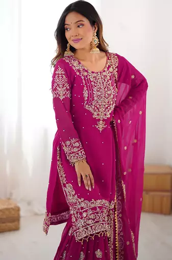 Magenta georgette embroidered sharara set
