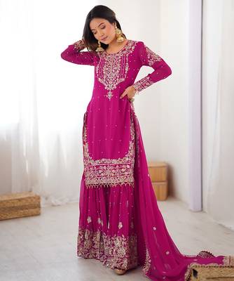 Magenta georgette embroidered sharara set 1