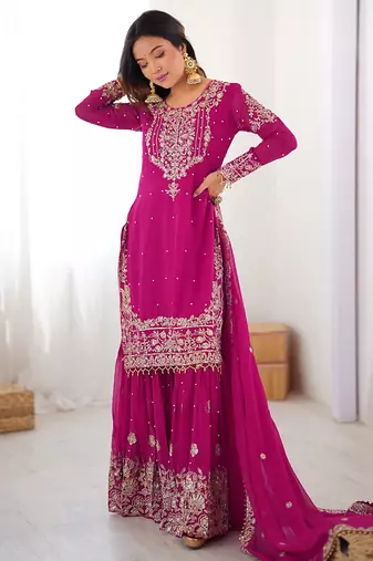 Magenta georgette embroidered sharara set
