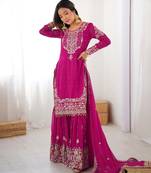 Magenta georgette embroidered sharara set