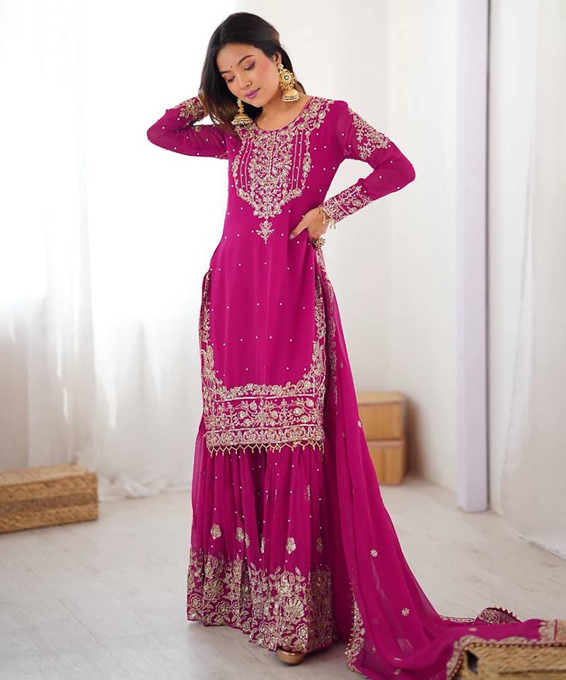 Magenta georgette embroidered sharara set