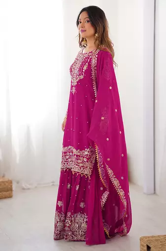 Magenta georgette embroidered sharara set