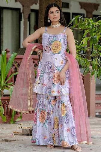 Digital printed lavender chinon kurta, palazzo & dupatta set     square neck, aari & mirror work