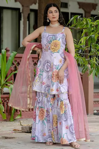 Digital printed lavender chinon kurta, palazzo & dupatta set     square neck, aari & mirror work