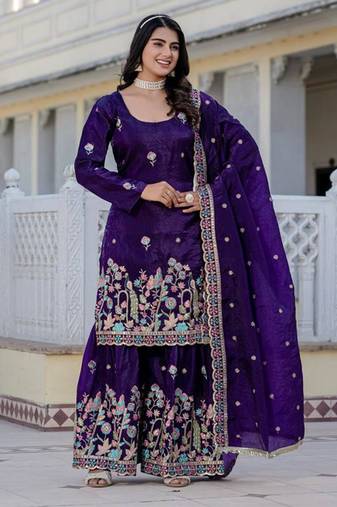 Women's gold crush fabric embroidered purple kurta, sharara & dupatta set