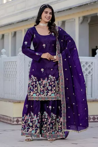 Women's gold crush fabric embroidered purple kurta, sharara & dupatta set