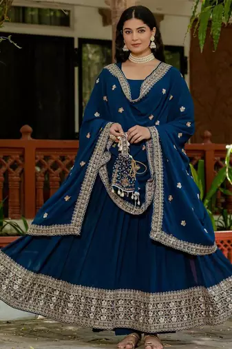 Women's teal blue faux georgette embroidered flared anarkali with dupatta set