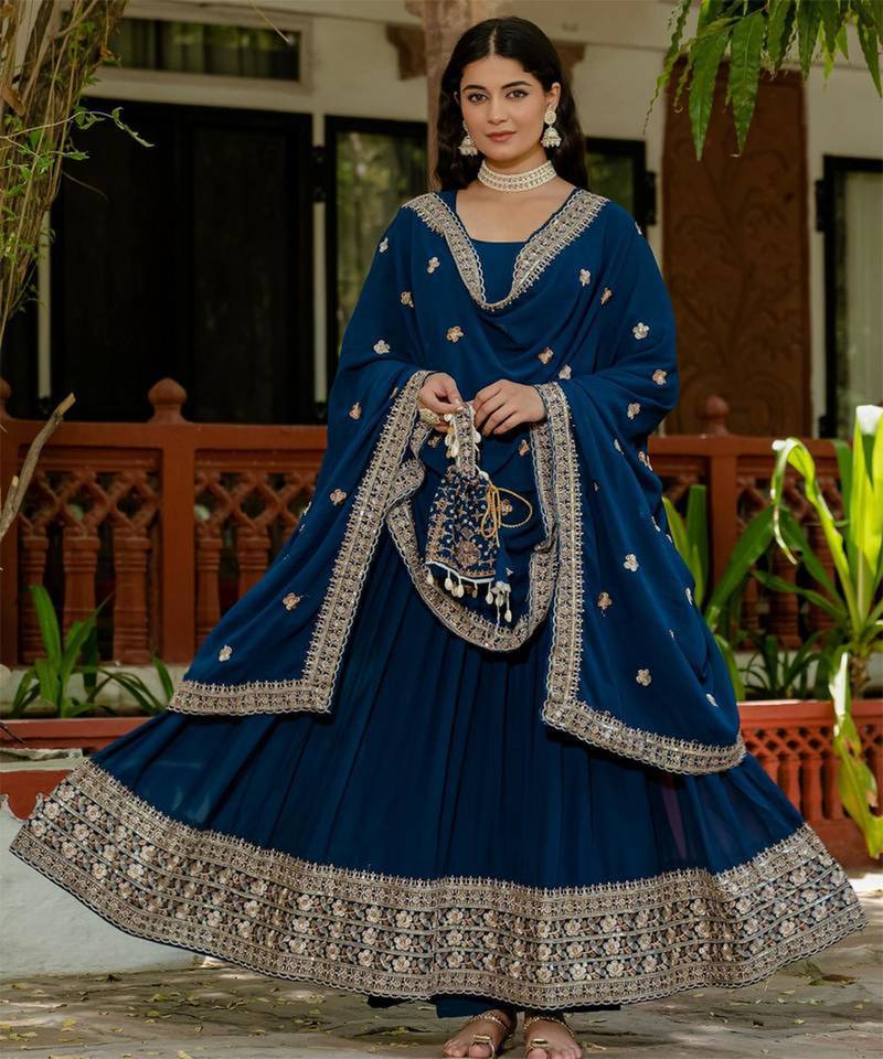 Teal blue Embroidered Anarkali Set