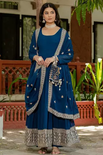 Teal blue Embroidered Anarkali Set