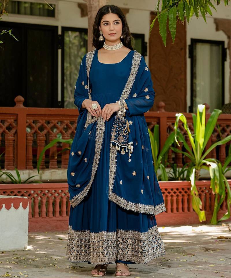 Teal blue Embroidered Anarkali Set