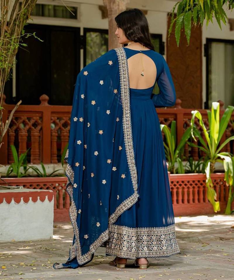 Teal blue Embroidered Anarkali Set