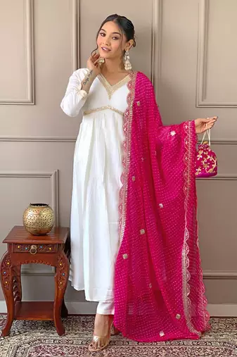 White kurta Set with Pink Dupatta