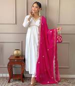White kurta Set with Pink Dupatta