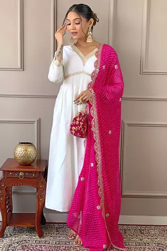 White kurta Set with Pink Dupatta