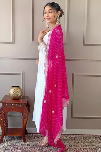 White kurta Set with Pink Dupatta