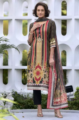 Women   s silk blend embroidered straight kurta with pant & printed dupatta set