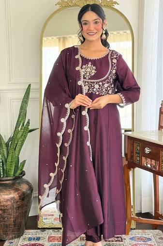Elegant wine vichitra silk flared kurta with pant & embroidered dupatta set | festive ready-to-wear