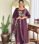 wine Embroidered Kurti set with Dupatta