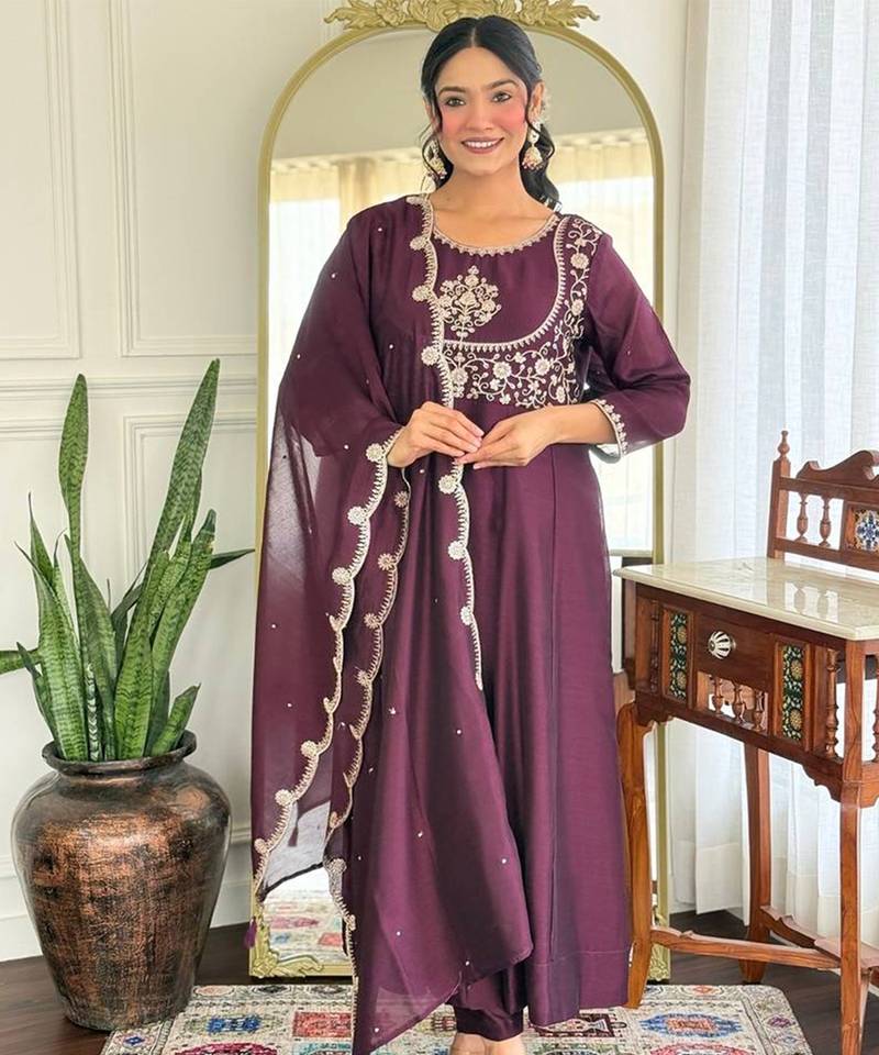 Elegant wine vichitra silk flared kurta with pant & embroidered dupatta set | festive ready-to-wear